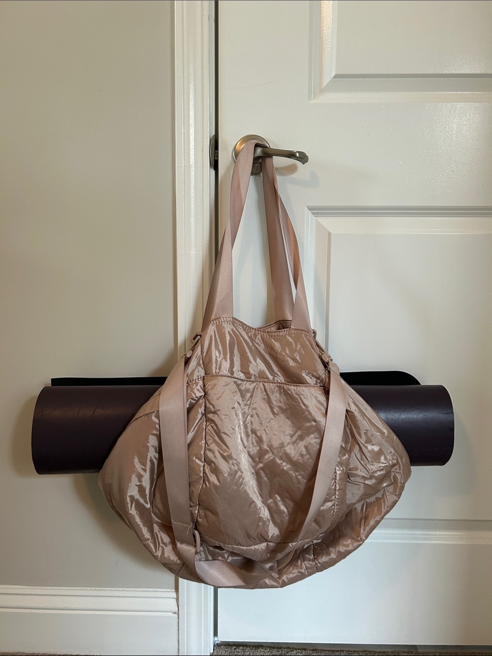 Oysho Quilted Shiny Taupe Yoga Tote Bag with Exterior Zips